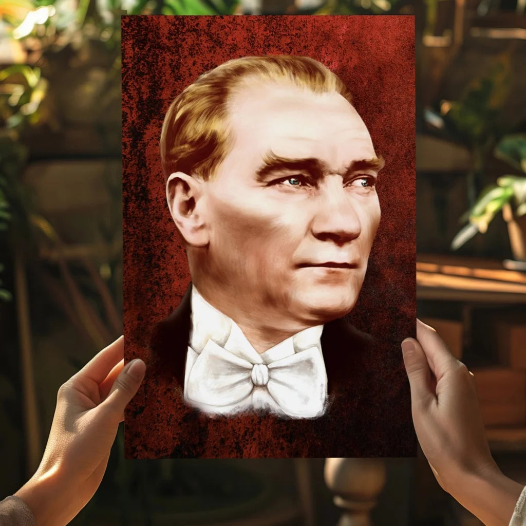Atatürk portrait canvas print: man in white bow tie on bold red background