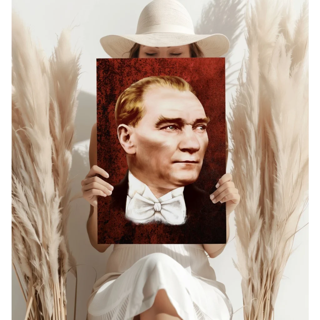 Framed Atatürk portrait in formal attire with white bow tie on bold red canvas background