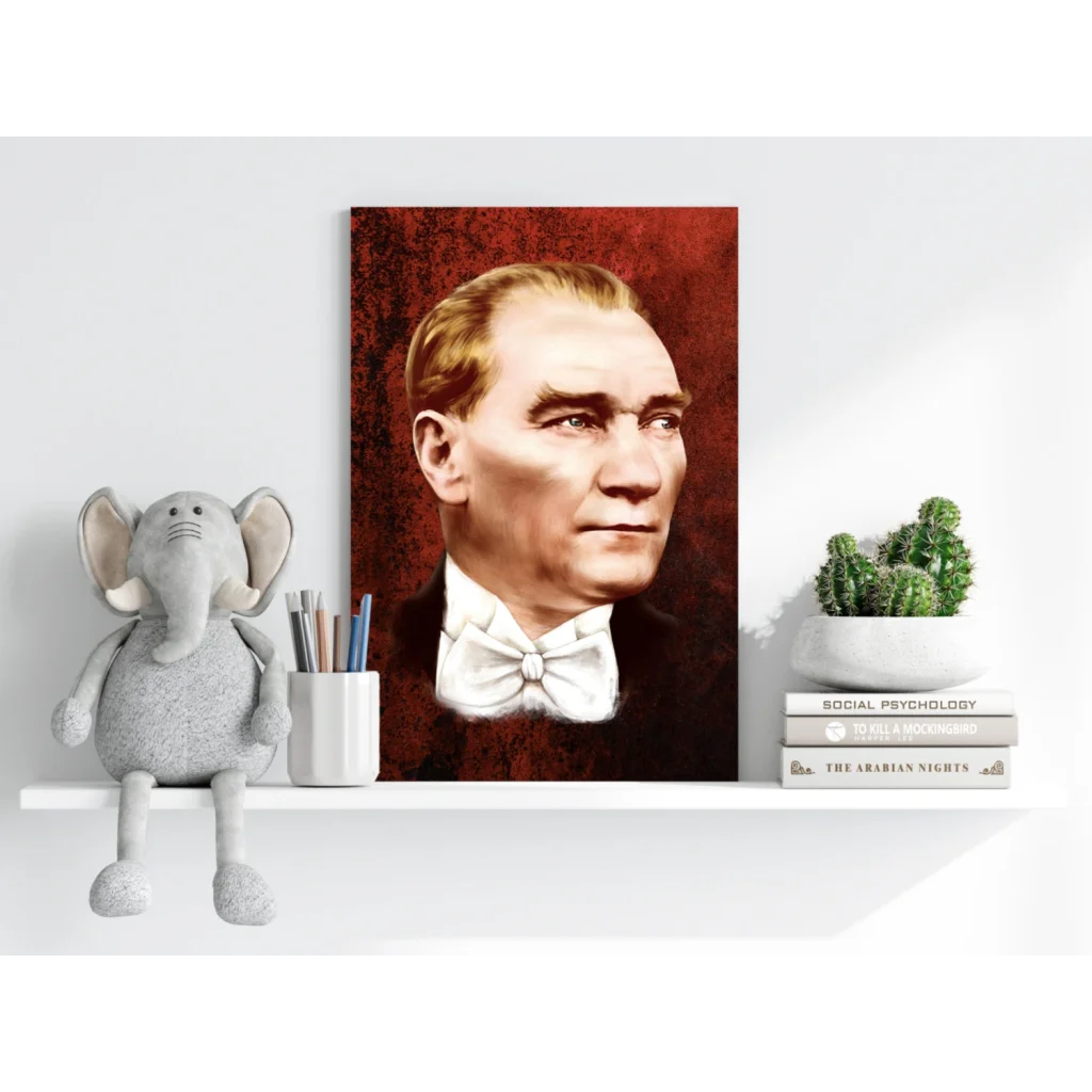 Atatürk portrait canvas print with bold red textured background