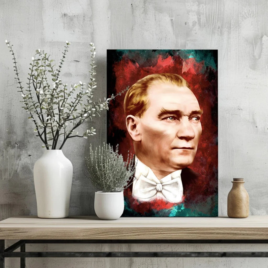 Ataturk Portrait Aluminum Print with Bold Red and Teal Art | Glass Wall Art Print | vintageantiquesgifts.com