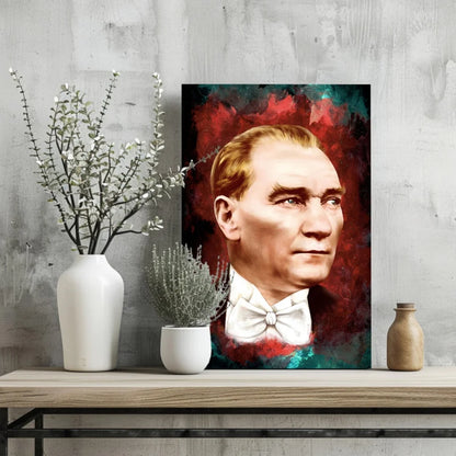 Ataturk Portrait Aluminum Print with Bold Red and Teal Art | Glass Wall Art Print | vintageantiquesgifts.com