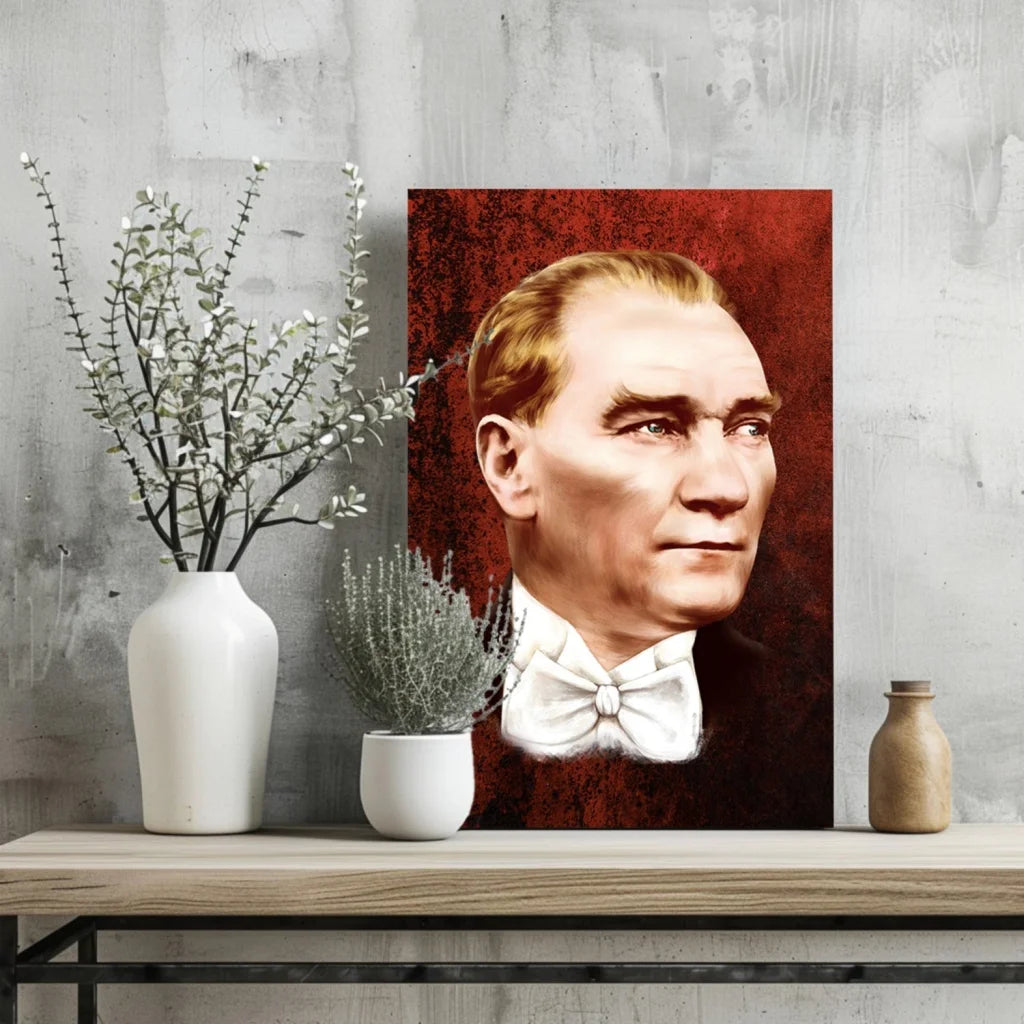 Portrait of Atatürk with light brown hair, white bow tie on bold red textured canvas
