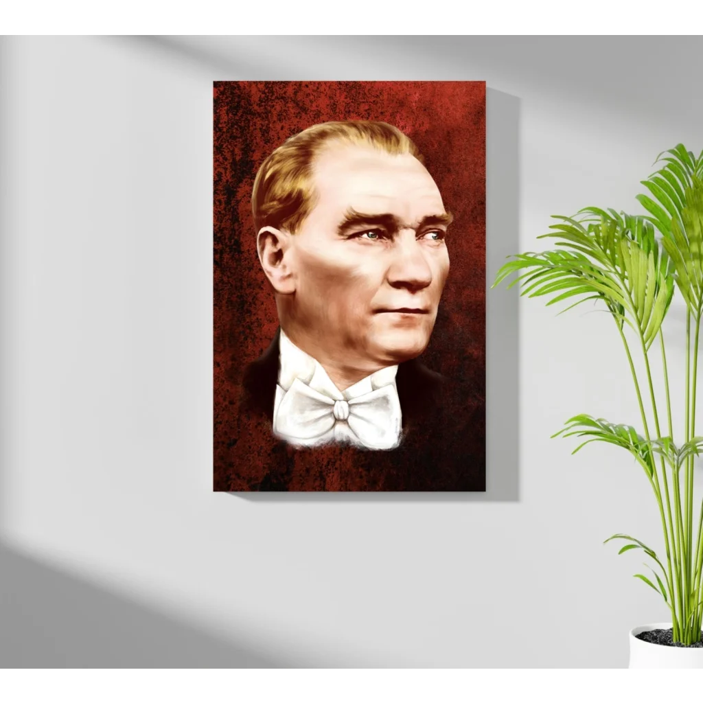 Atatürk portrait canvas print: man in suit and bow tie on bold red background