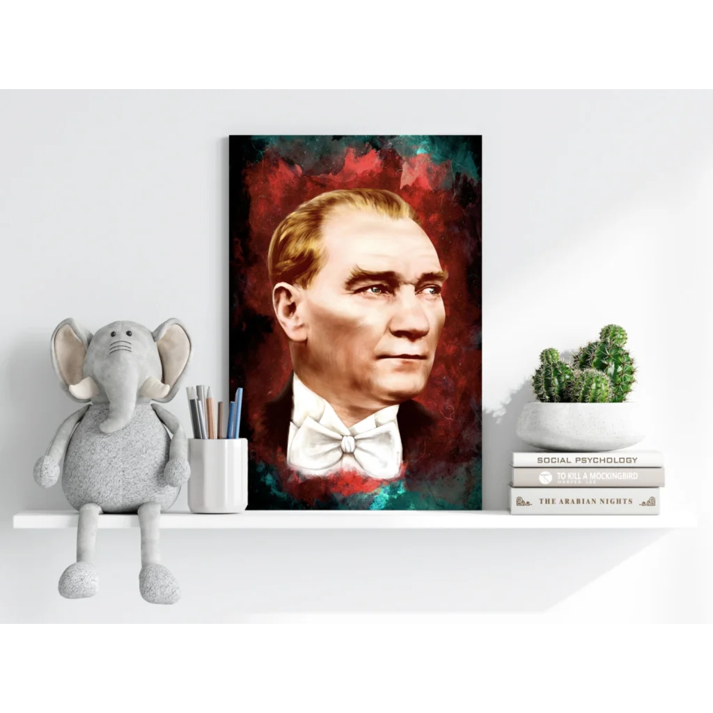 Vibrant abstract Atatürk portrait aluminum print in bold red and teal