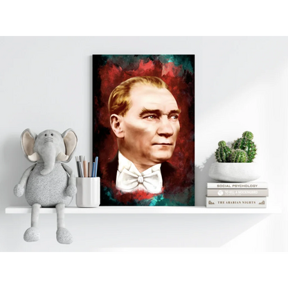 Vibrant abstract Atatürk portrait aluminum print in bold red and teal