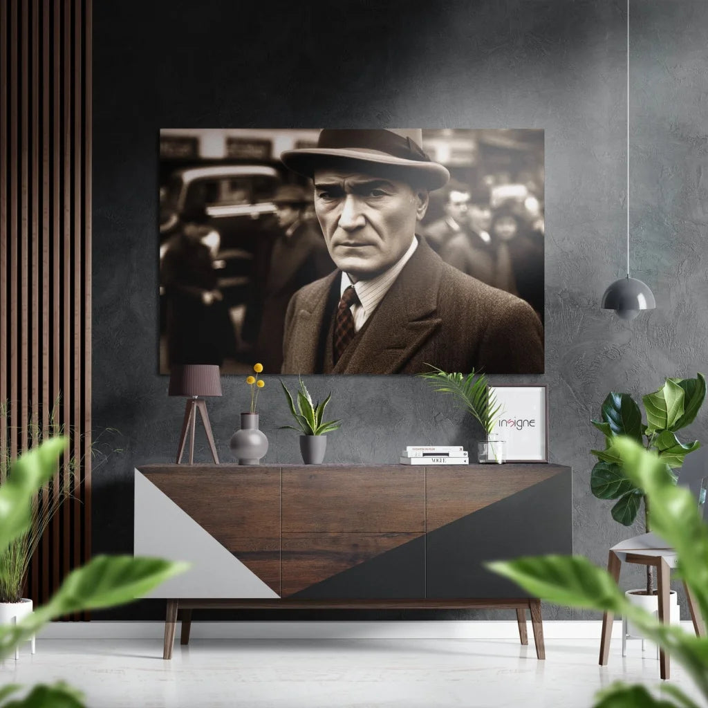 Black-and-white fedora man portrait on brushed aluminium dibond wall art