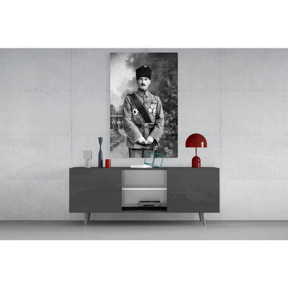 Black-and-white military portrait glass wall art on canvas