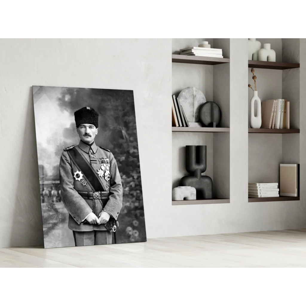 Black and white military portrait on glass wall art canvas print
