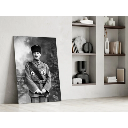 Black and white military portrait on glass wall art canvas print