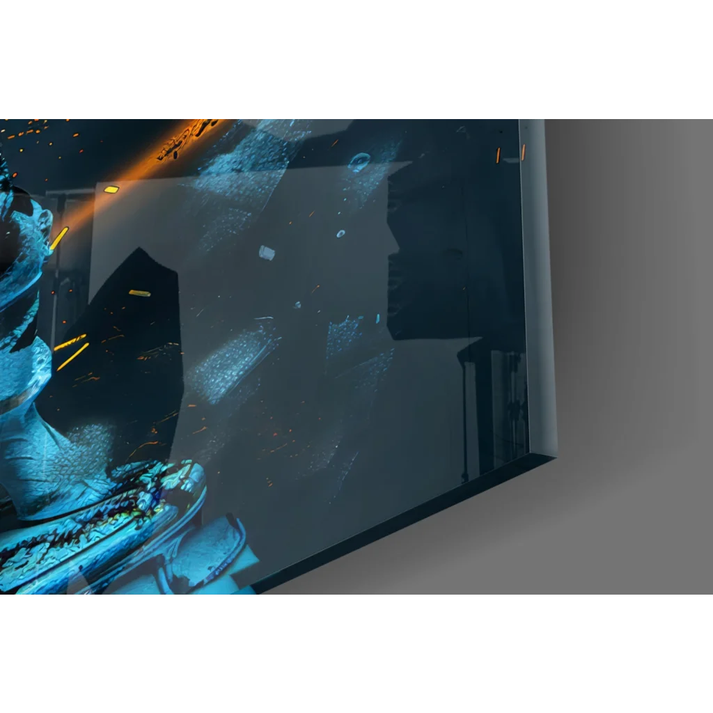 Sleek Athena statue with golden energy rings on glass wall art canvas