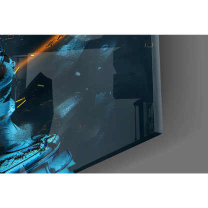 Sleek Athena statue with golden energy rings on glass wall art canvas