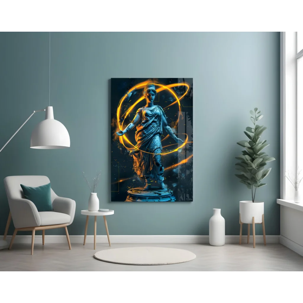 Athena statue with glowing golden energy rings glass wall art canvas print