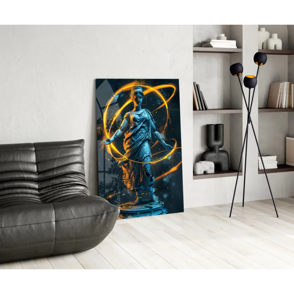Athena statue with golden energy rings glass wall art canvas print