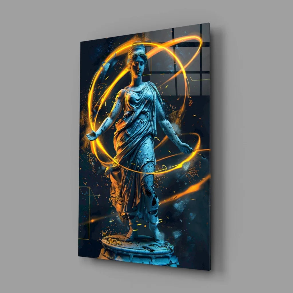 Sleek Athena statue with golden energy rings glass wall art canvas print