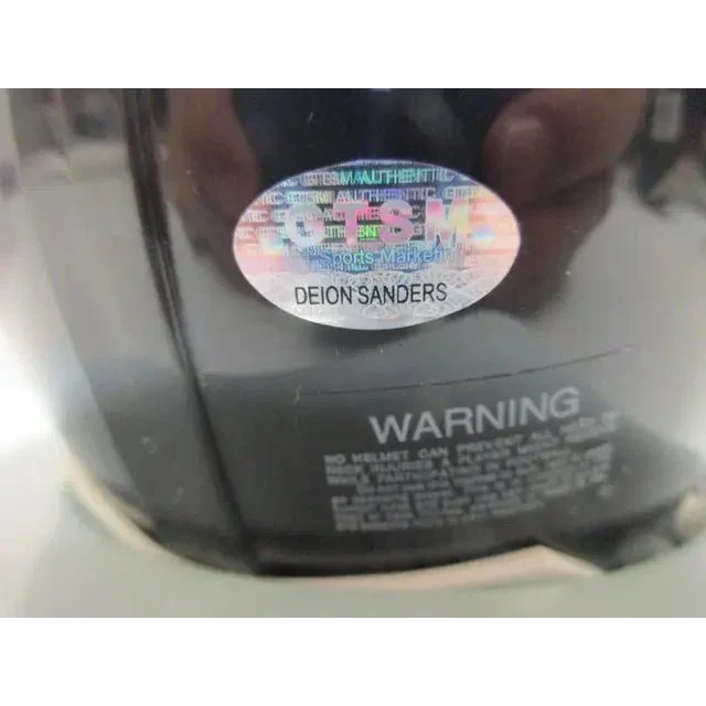 Reflective sticker with Deion Sanders name on dark Falcons signed autographed mini helmet