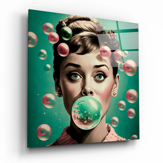 Audrey Hepburn bubble gum glass wall art print