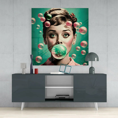 Audrey Hepburn bubblegum poster on glass wall art print