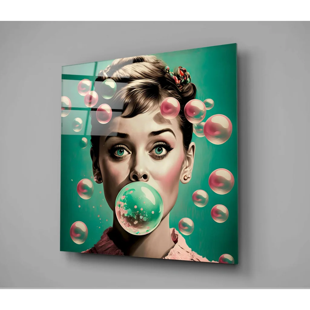 Audrey Hepburn green bubble gum glass wall art with pink bubbles