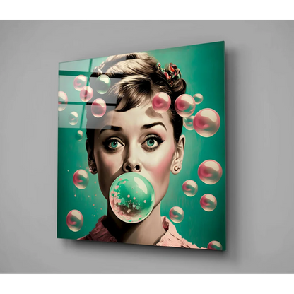 Audrey Hepburn green bubble gum glass wall art with pink bubbles