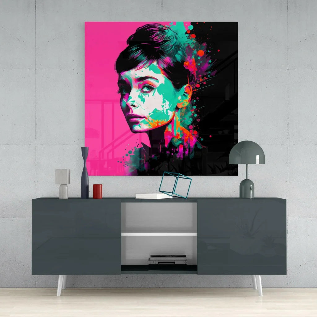 Audrey Hepburn pop art canvas wall art with bold pink accents