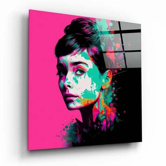 Audrey Hepburn pop art canvas wall art with bold pink accents