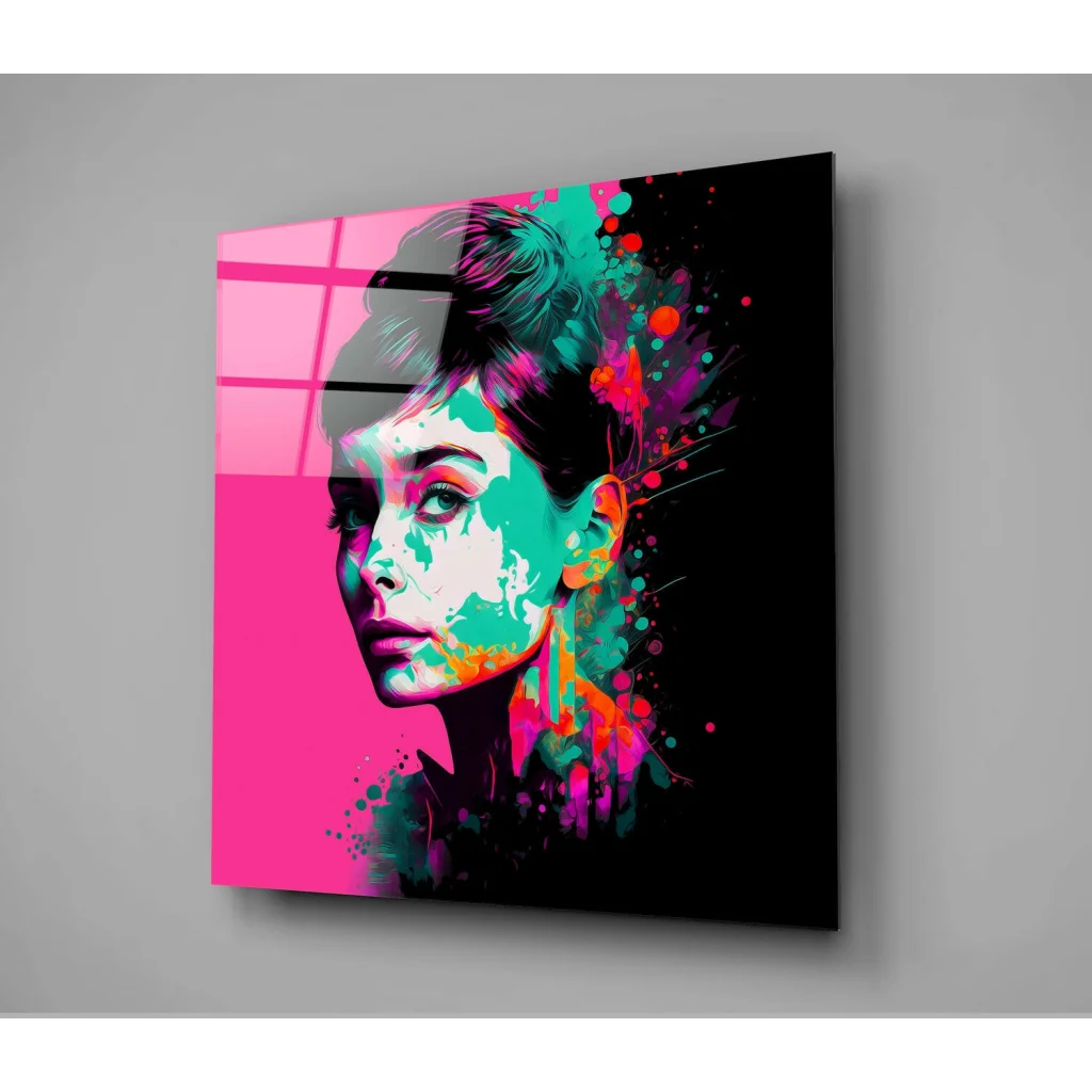 Audrey Hepburn pop art portrait on canvas wall art with bold pink accents