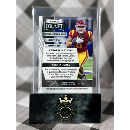2019 Leaf Draft Austin Jones football card in acrylic case from Prestige Worldwide Collectibles