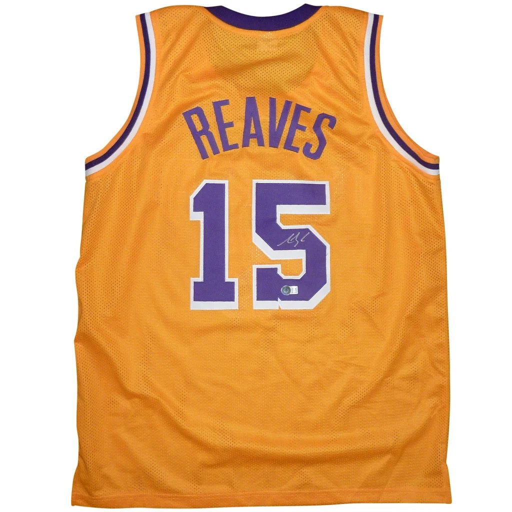Austin Reaves autographed Los Angeles yellow #15 jersey back, golden mesh with purple trim, Reaves 15