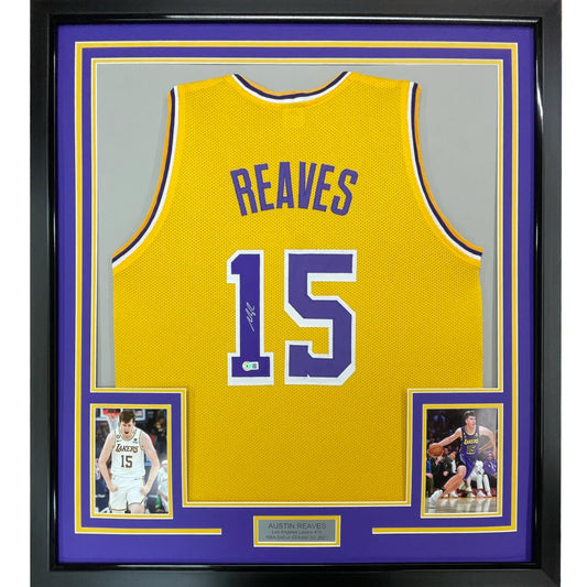 Framed Austin Reaves autographed Lakers jersey with player photos ready to hang