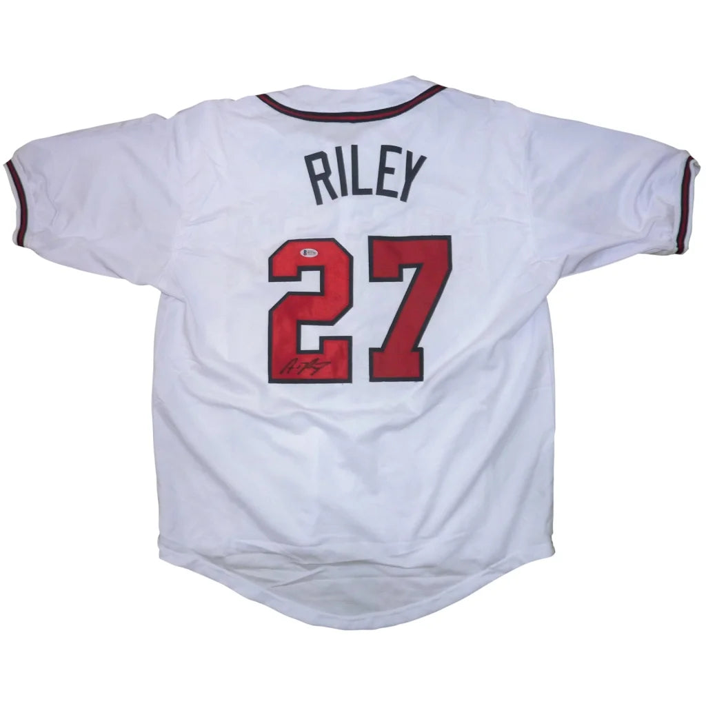 Austin Riley autographed white Atlanta jersey with Riley 27 in red