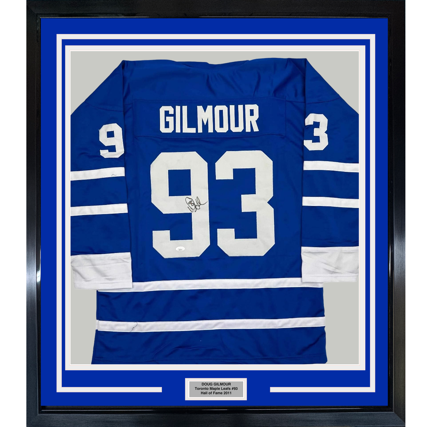 Framed blue Toronto Maple Leafs #93 jersey with white stripes and "GILMOUR" nameplate, displaying autographed front view in black matting.