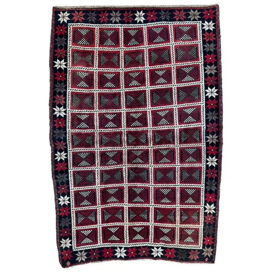 1980s Persian Lori nomadic carpets with red gray geometric and floral borders