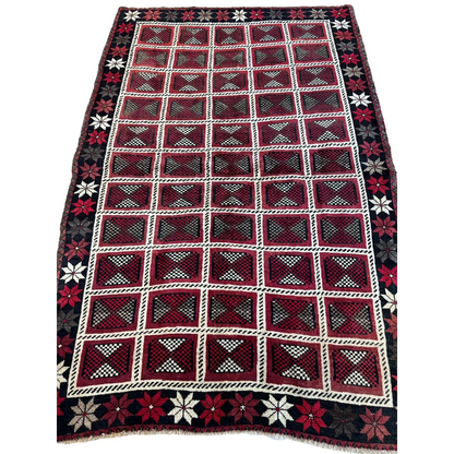 1980s Persian Lori nomadic carpets with red black geometric patterns and white floral borders