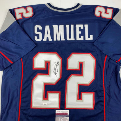 Autographed navy blue New England Patriots #22 Samuel custom jersey from professional sports league