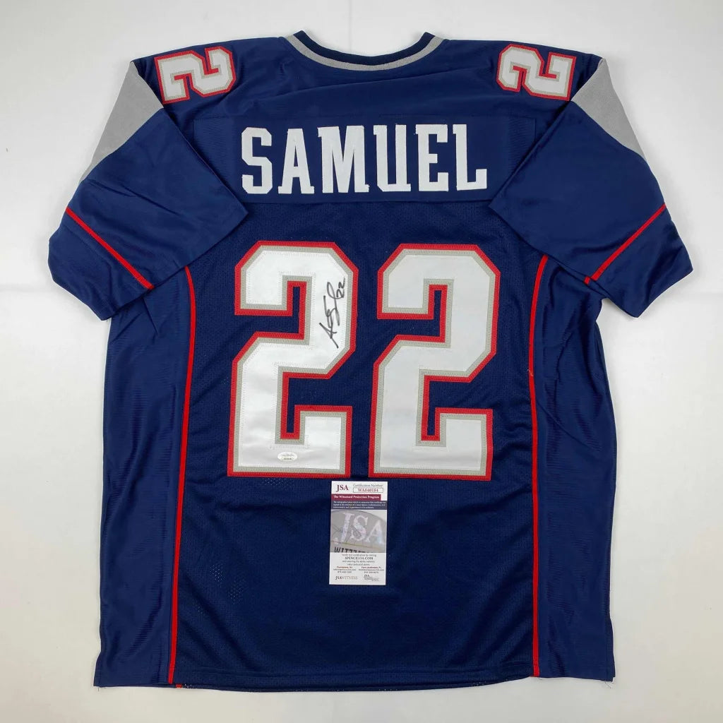 Navy blue custom jersey from Professional Sports League with Samuel 22 autograph and sticker