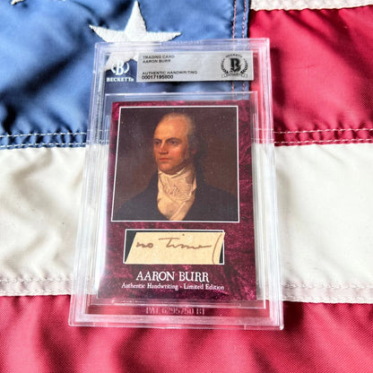 A framed authentic aaron burr trading card with portrait, handwritten signature on cream label, maroon textured background in burr words graded historical collectible set
