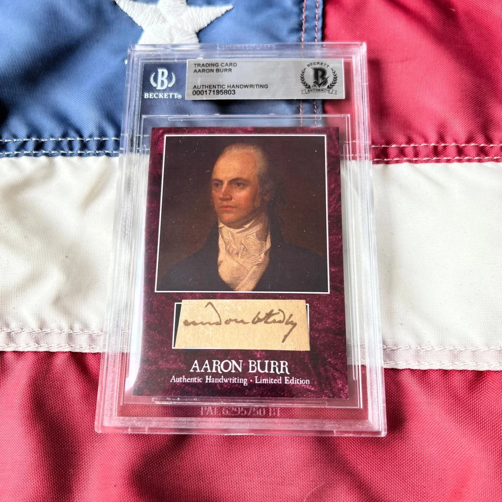 Authentic aaron burr limited edition trading card with portrait and handwriting encased in beckett-certified slab from burr words graded historical collectible set