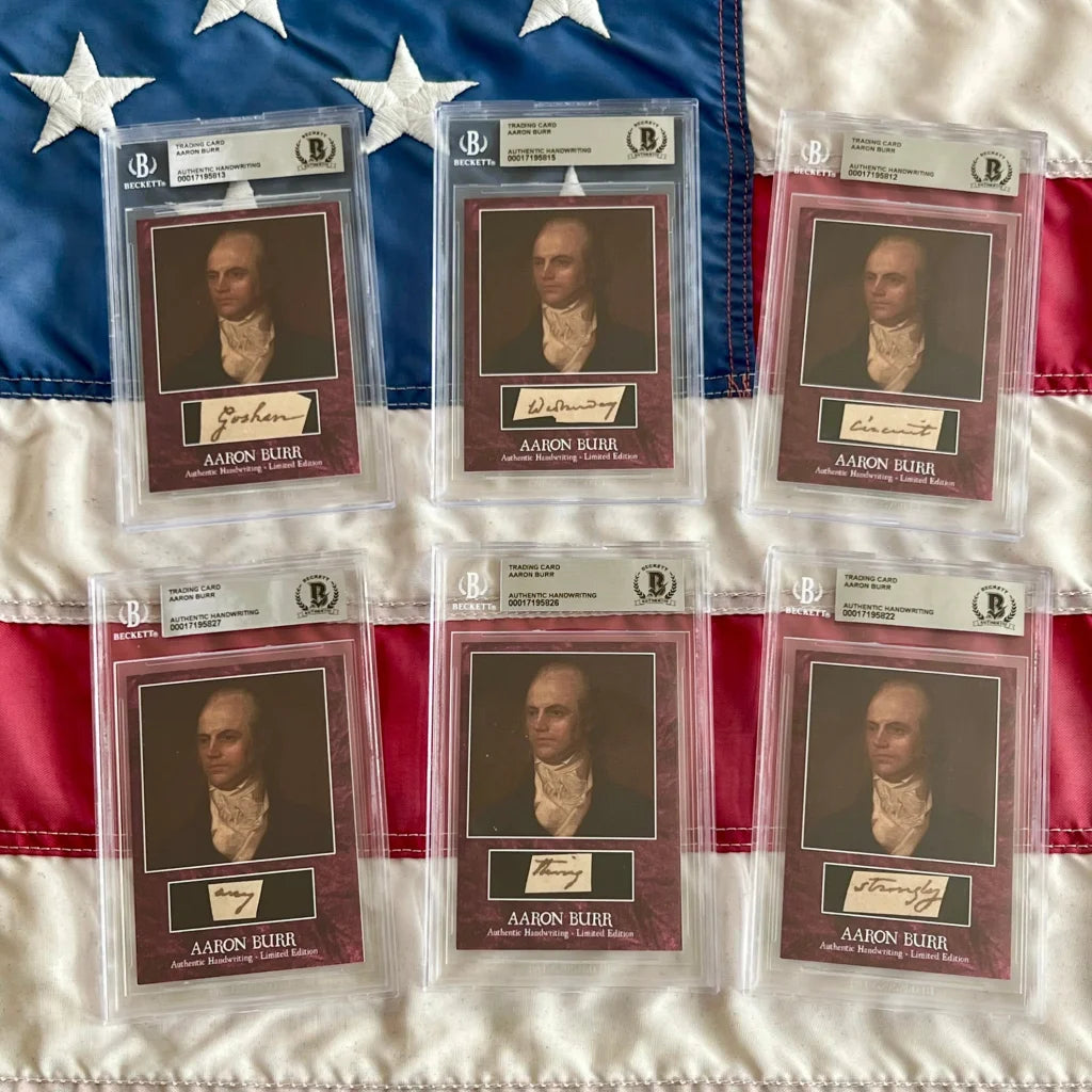 Six graded trading cards featuring Aaron Burr words in the authentic piece set