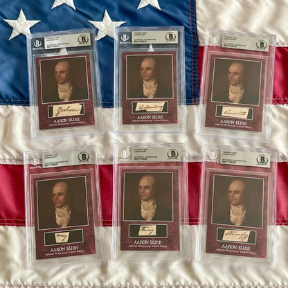 Six graded trading cards featuring Aaron Burr words in the authentic piece set