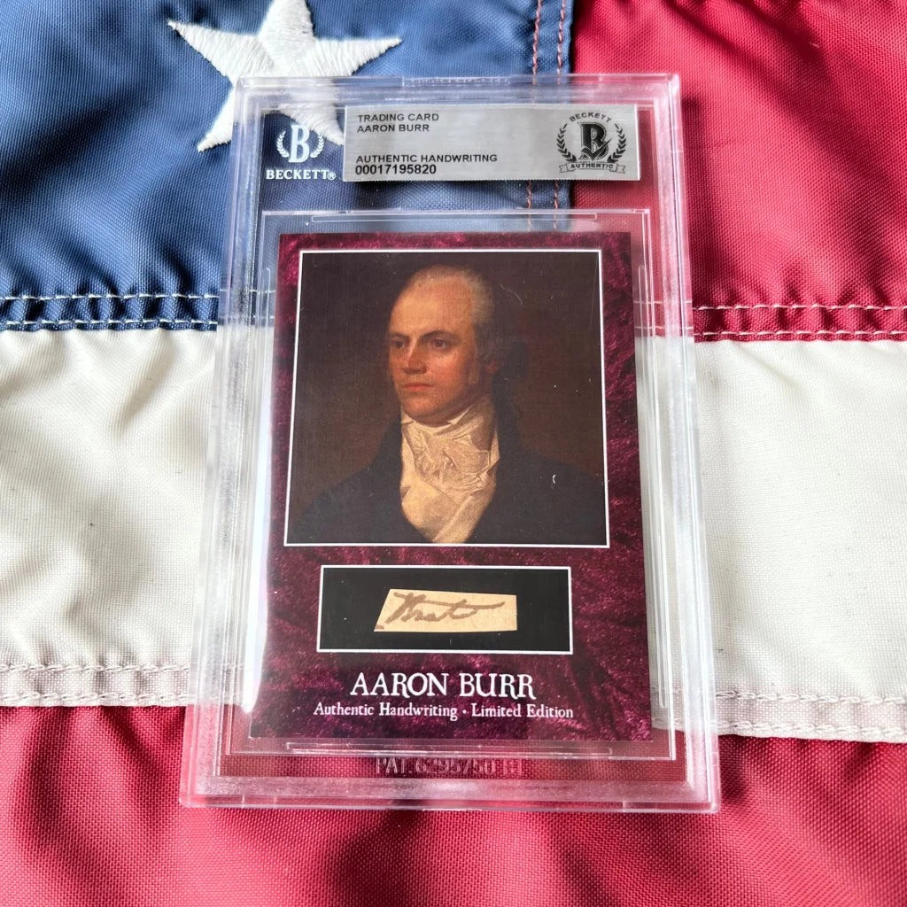 Authentic aaron burr handwriting trading card in clear protective slab from burr words graded historical collectible set with maroon background