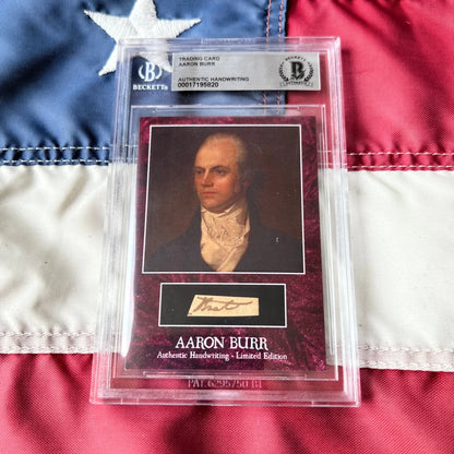 Authentic aaron burr handwriting trading card in clear protective slab from burr words graded historical collectible set with maroon background