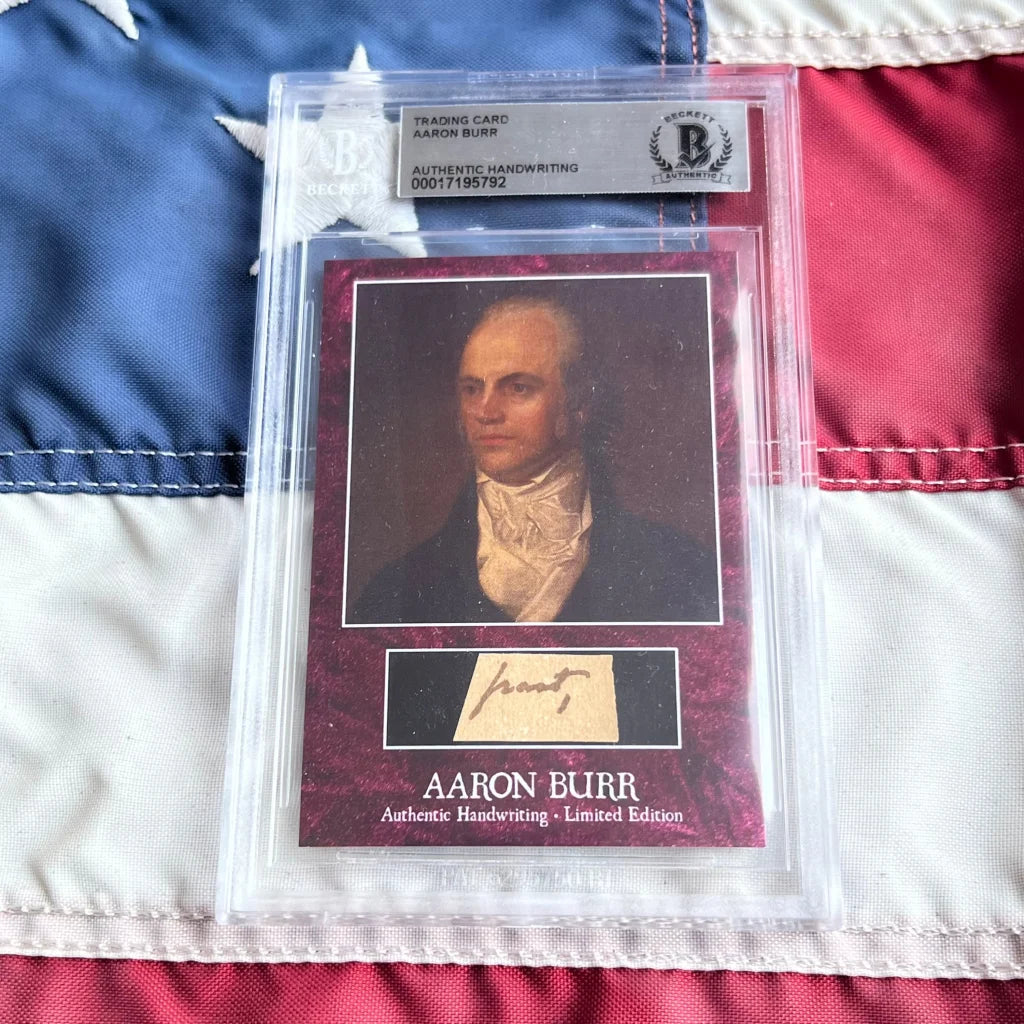 Authentic Aaron Burr portrait in gold-accented case, Burr words graded historical collectible set