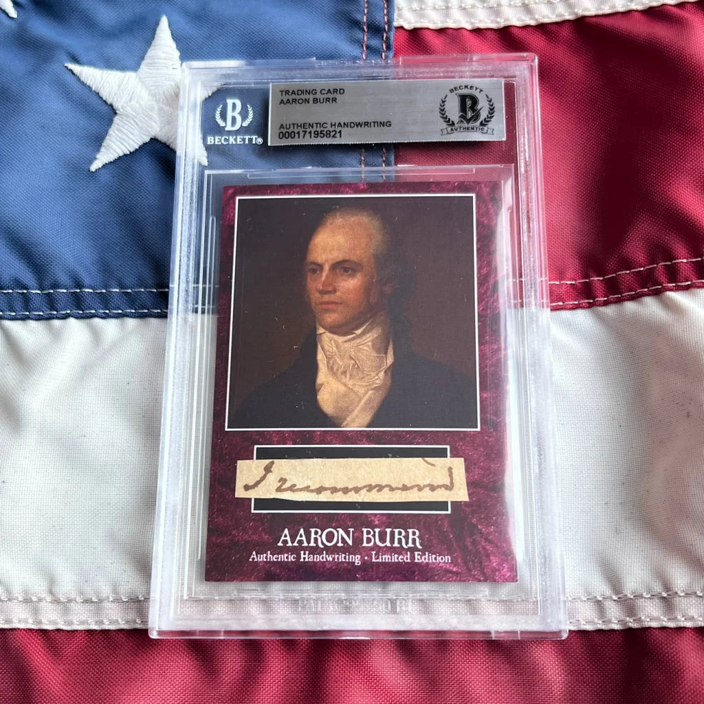 Authentic Aaron Burr 18th-century portrait trading card with signature in protective sleeve, burr words graded historical collectible set