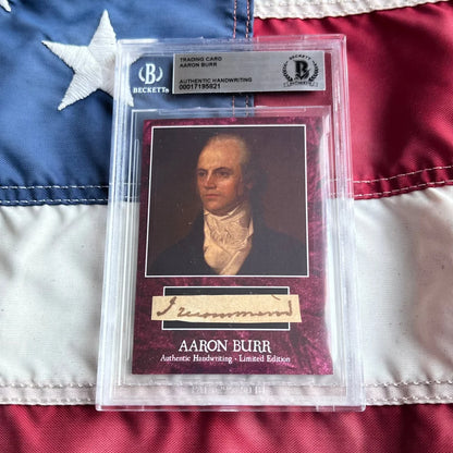 Authentic Aaron Burr 18th-century portrait trading card with signature in protective sleeve, burr words graded historical collectible set