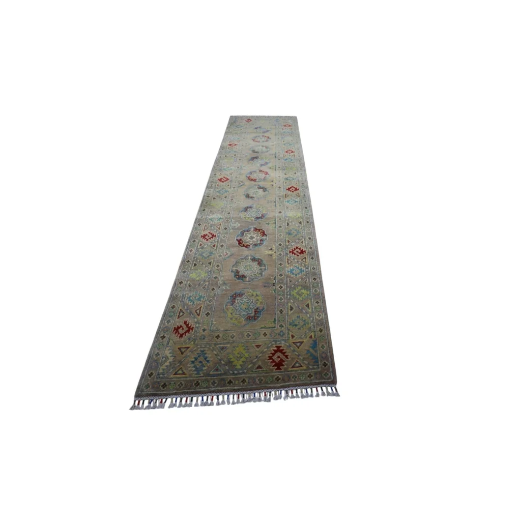 Authentic Afghan Kazak wool runner with cotton foundation, beige base and geometric patterns