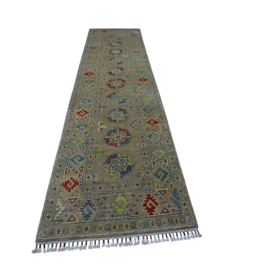 Authentic Afghan Kazak wool runner with cotton foundation, beige geometric floral patterns