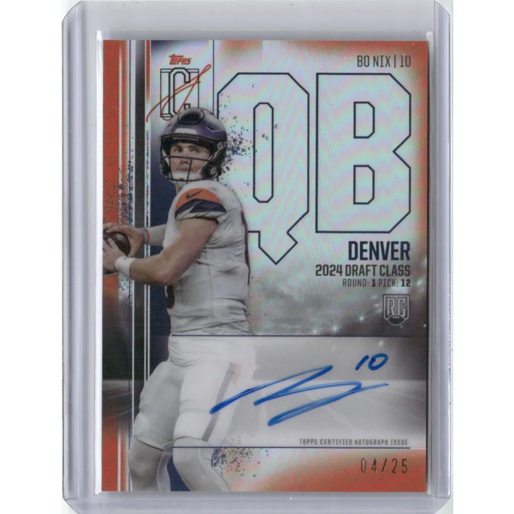 Autographed Bo Nix Denver Broncos rookie card on authentic product display