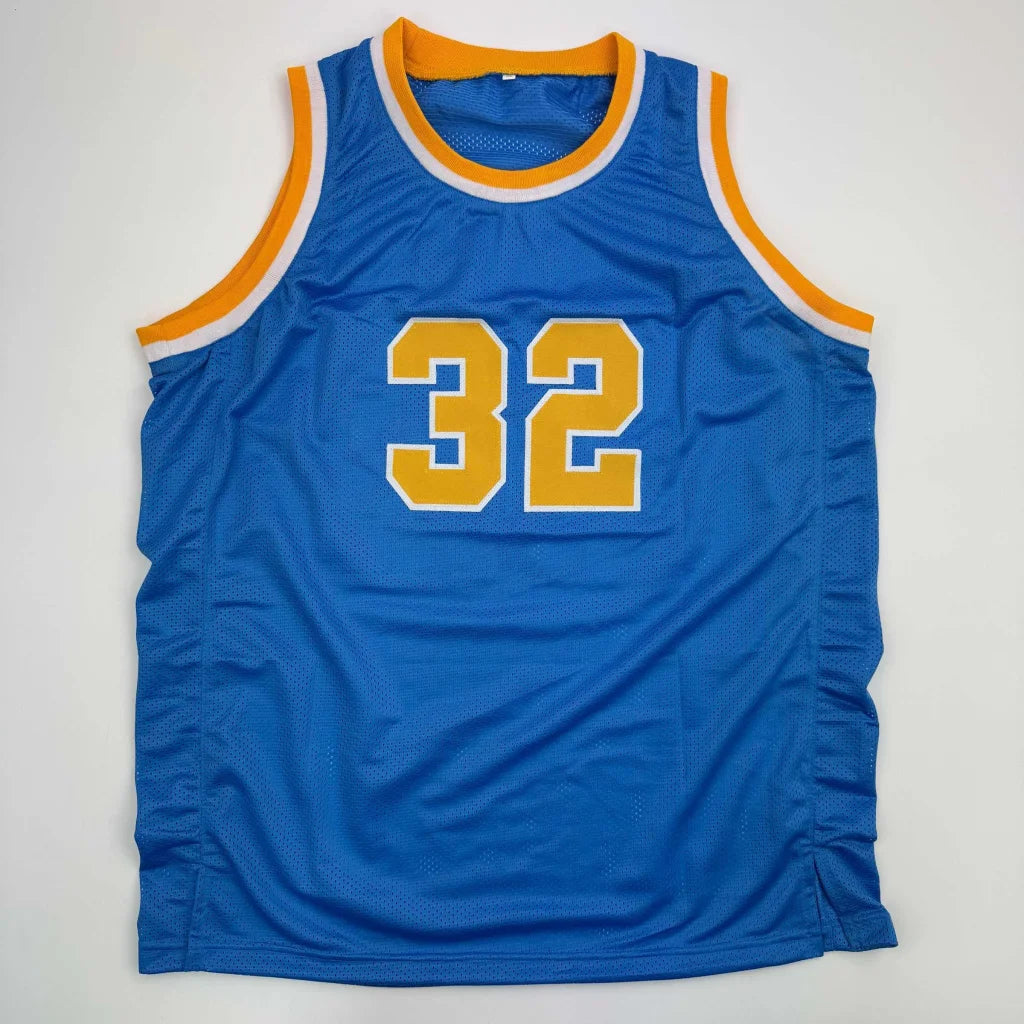 Blue mesh Lakers jersey with orange and white trim, signed by Bill Walton with authentication