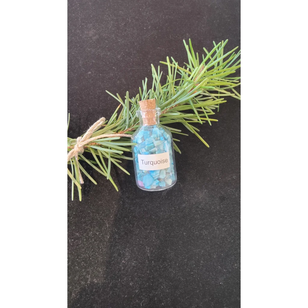Authentic Brazilian gemstone bottle with turquoise stones and pine branches