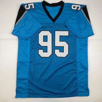 Blue American football jersey with black and white trim and number 95, perfect for sports league fans